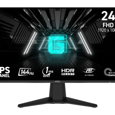 Monitor para videojuegos MSI G242L-E14 de frente, destacando su panel IPS Full HD de 144Hz y base estable en forma de V, con fondo transparente.