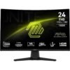 Monitor gamer curvo MSI MAG 242C de 24 pulgadas encendido mostrando un fondo de pantalla con especificaciones del producto.