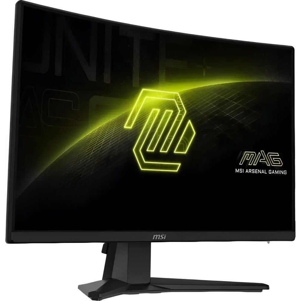 Monitor gamer curvo MSI MAG 242C de 24 pulgadas encendido, en una vista de 3/4 a la izquierda.