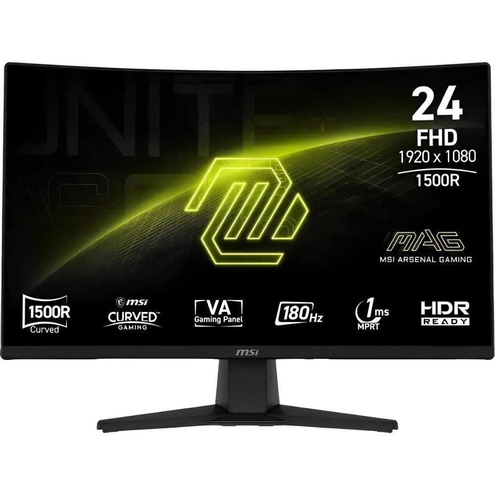 Monitor gamer curvo MSI MAG 242C de 24 pulgadas encendido mostrando un fondo de pantalla con especificaciones del producto.