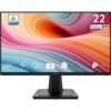 Monitor MSI PRO MP225 E12VLde 22" pulgadas encendido, mostrando una vista frontal del monitor con la pantalla encendida y un fondo de colores con un texto que detalla las especificaciones del producto.