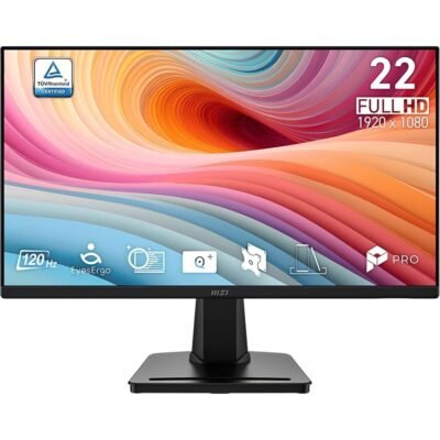 Monitor MSI PRO MP225 E12VLde 22" pulgadas encendido, mostrando una vista frontal del monitor con la pantalla encendida y un fondo de colores con un texto que detalla las especificaciones del producto.