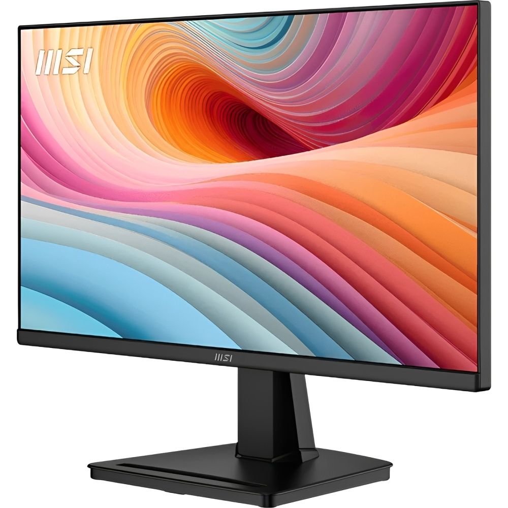 Monitor MSI PRO MP225 E12VL de 22" pulgadas encendido, en una vista de 3/4 a la izquierda, con un texto que detalla las especificaciones del producto.
