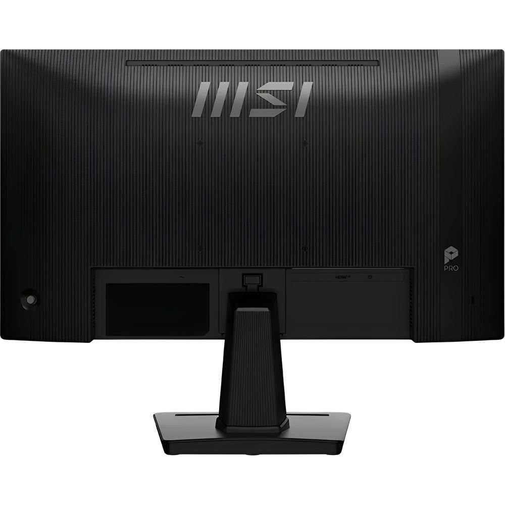 Parte trasera del Monitor MSI PRO MP225 E12VL de 22" pulgadas mostrando el logotipo de MSI y los puertos de conexión HDMI y DisplayPort.