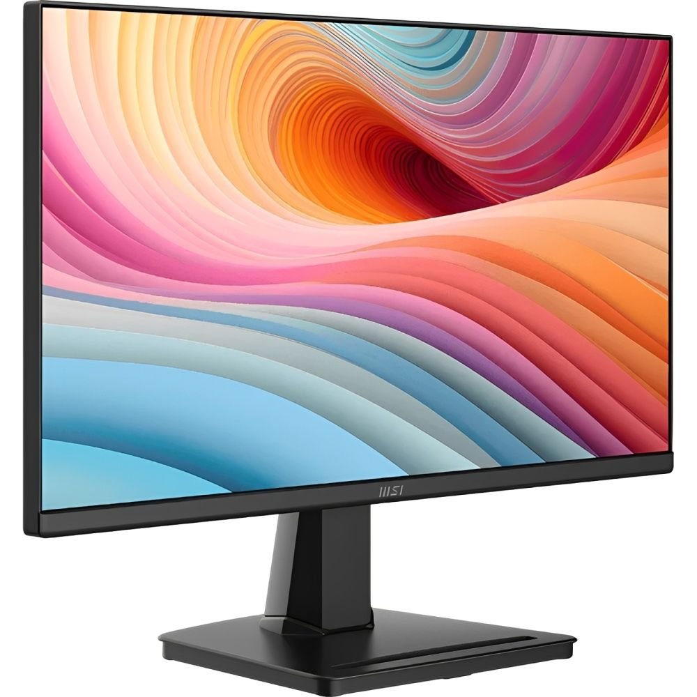 Monitor MSI PRO MP225 E12VL de 22" pulgadas encendido, en una vista de 3/4 a la izquierda.