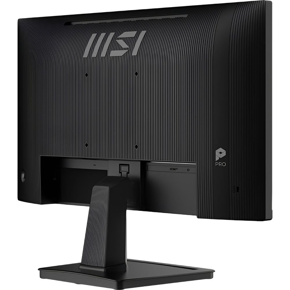 Parte trasera, en una vista de 3/4 del Monitor MSI PRO MP225 E12VL de 22" pulgadas mostrando el logotipo de MSI y los puertos de conexión HDMI y DisplayPort.
