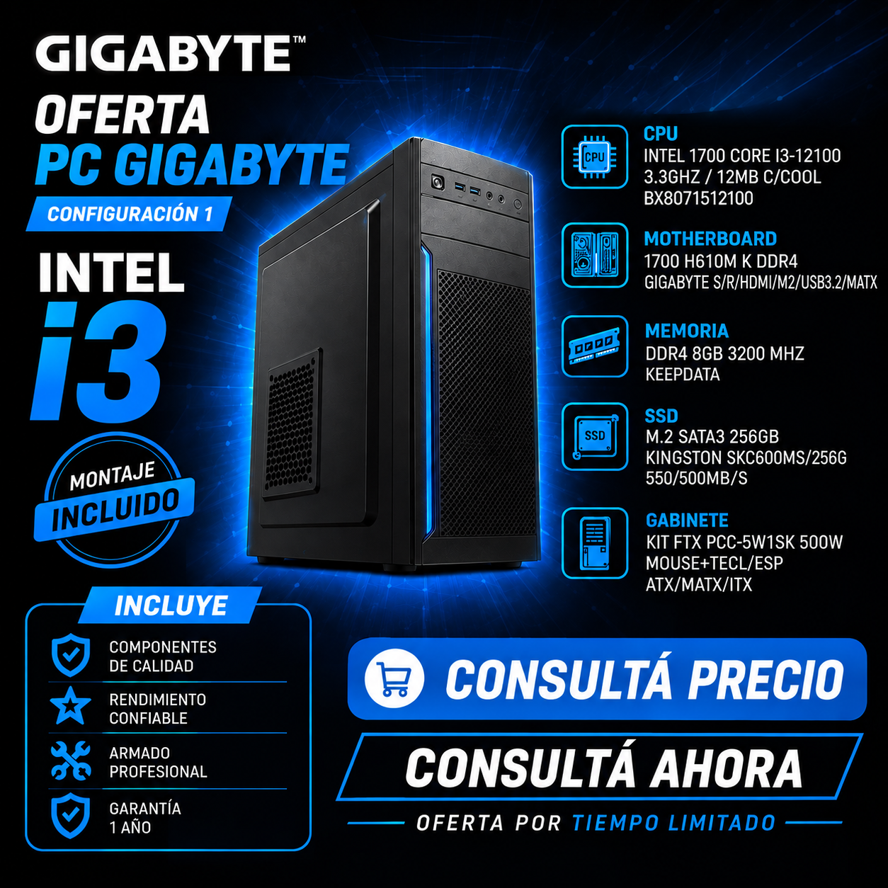 PC de Oficina Intel Core i3-12100 | 8GB DDR4 | SSD 256GB | Teclado + Mouse