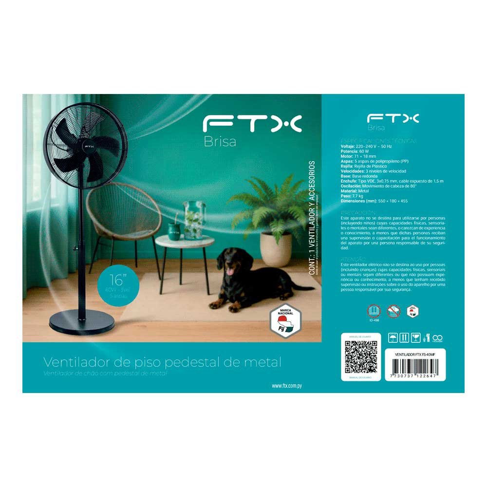 Ventilador De Pie Ftx 3 Vel Brisa 60w 220v Metal/Negro Fs-40mf - Imagen 5